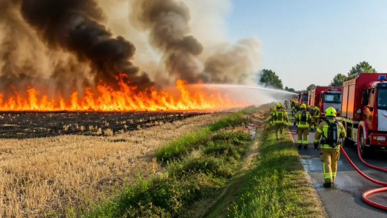Grote brand in geoogste tarweakker bij Westdorpe: meerdere blusvoertuigen ingezet