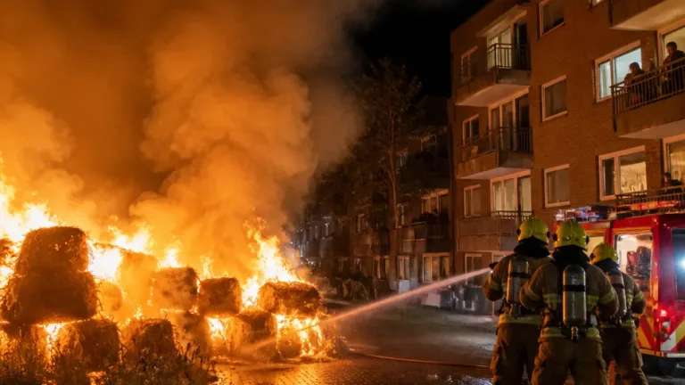Hooibalen in brand gestoken in Schiedam-Noord; blussen vergt uren en keert terug