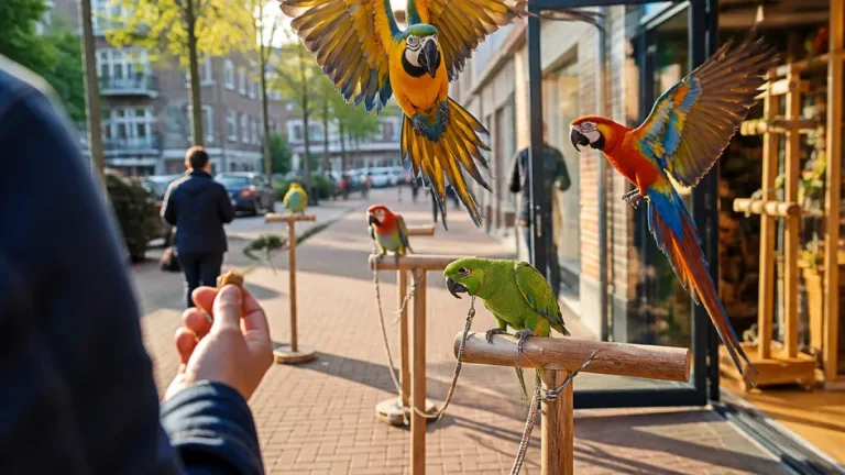 Papegaaien vliegen vrij rond in Almere: buurtbijeenkomsten en training buiten
