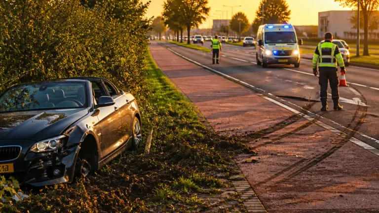 Spectaculair ongeval in Leeuwarden: auto schiet over Poptawei, niemand gewond