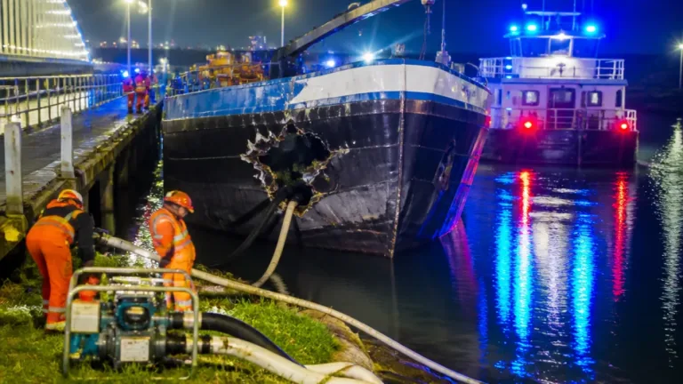 Vrachtschip boort gat in boeg na botsing met pijler Hollandse Brug, geen schade aan brug